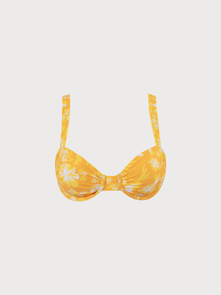 Ruched Floral Underwire Bikini Top Yellow Sustainable Bikinis - BERLOOK