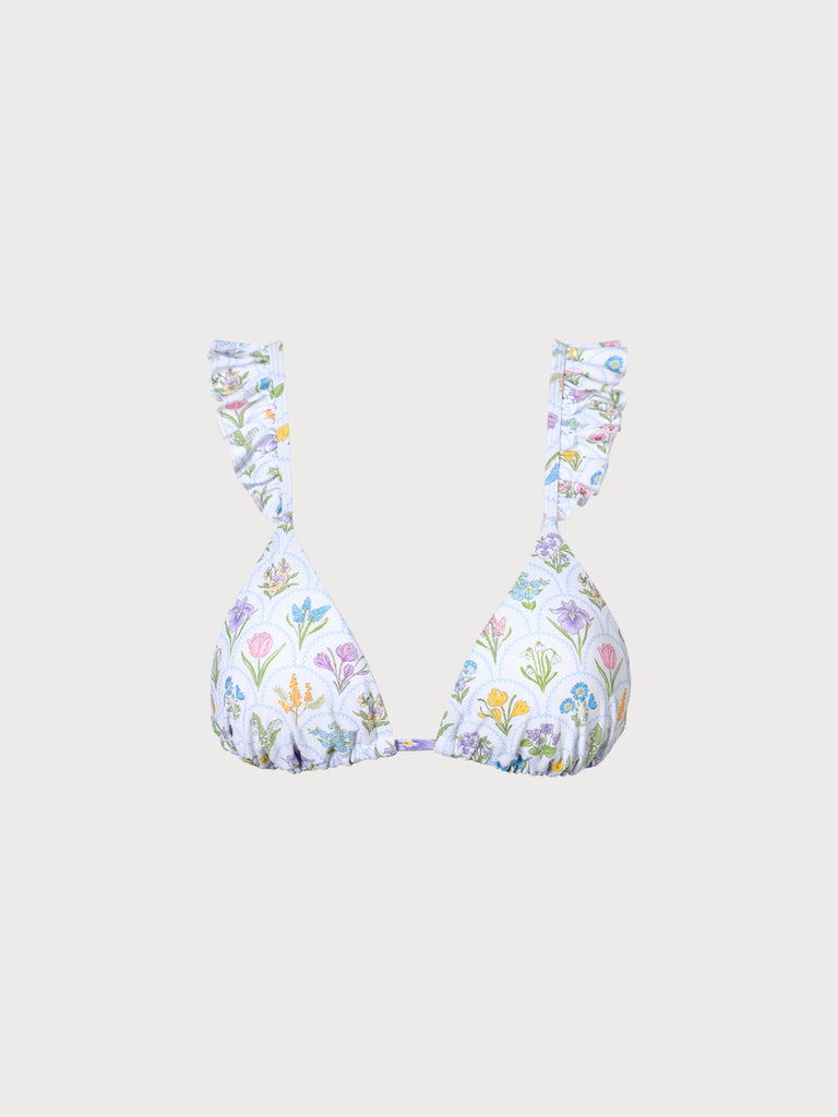 Ruffle Floral Triangle Bikini Top White Sustainable Bikinis - BERLOOK