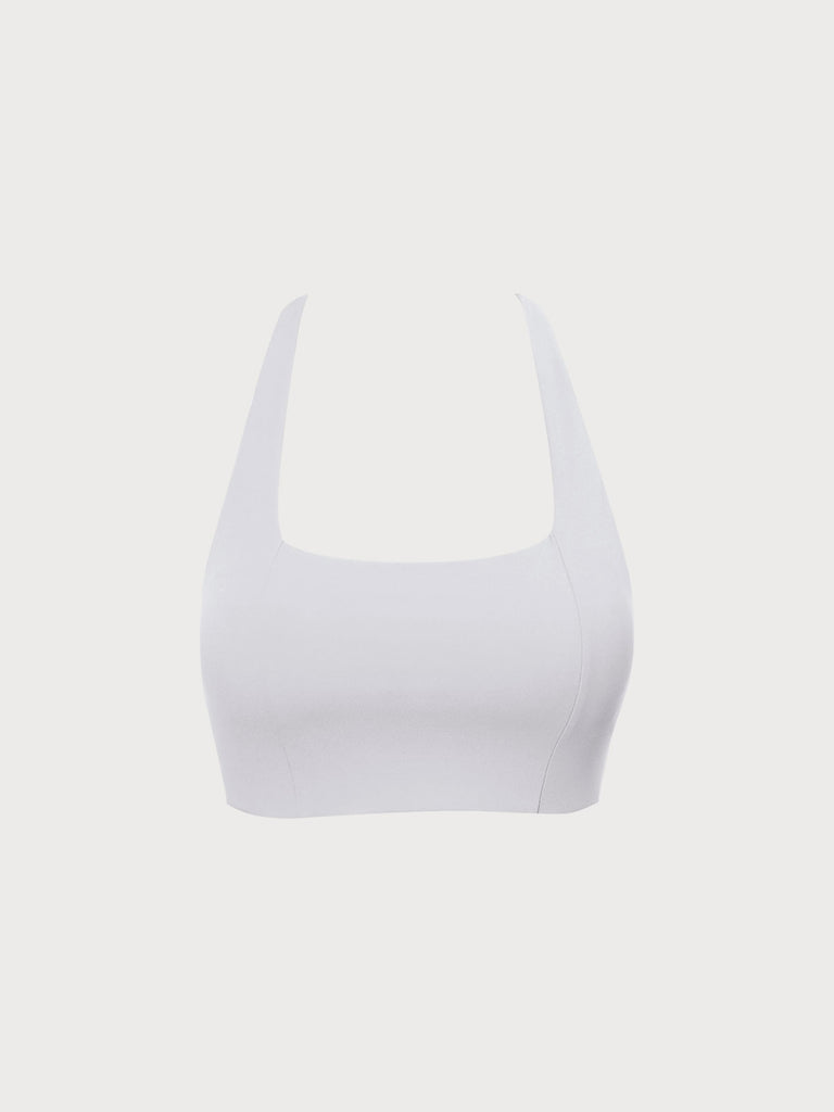 Square Neck Sports Bra White Sustainable Yoga Tops - BERLOOK