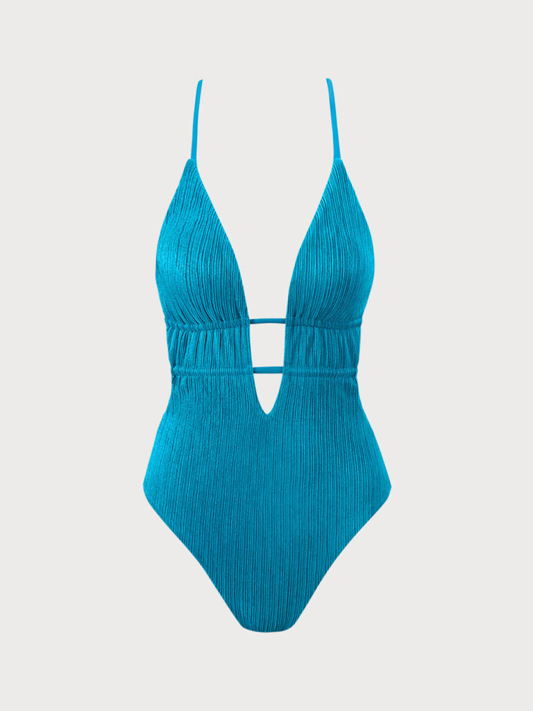 Textured Plunge One-Piece Swimsuit Navy Sustainable One-Pieces - BERLOOK