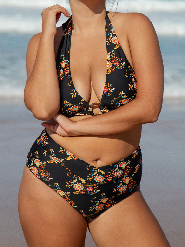 V-Cut Floral Plus Size Bikini Bottom Sustainable Plus Size Bikinis - BERLOOK