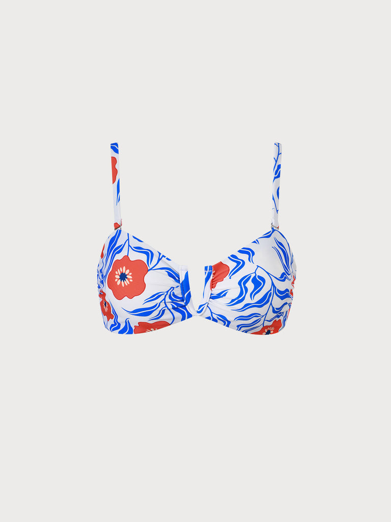 V Notch Floral Bikini Top Blue Sustainable Bikinis - BERLOOK
