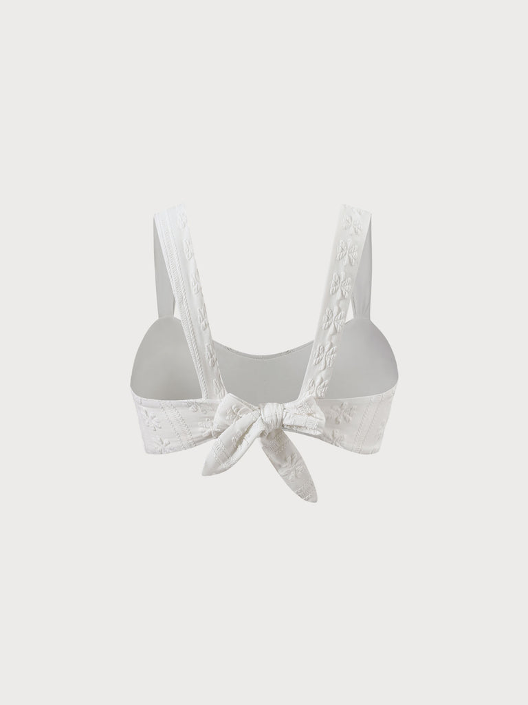 White Floral Jacquard Knot Back Bikini Top Sustainable Bikinis - BERLOOK