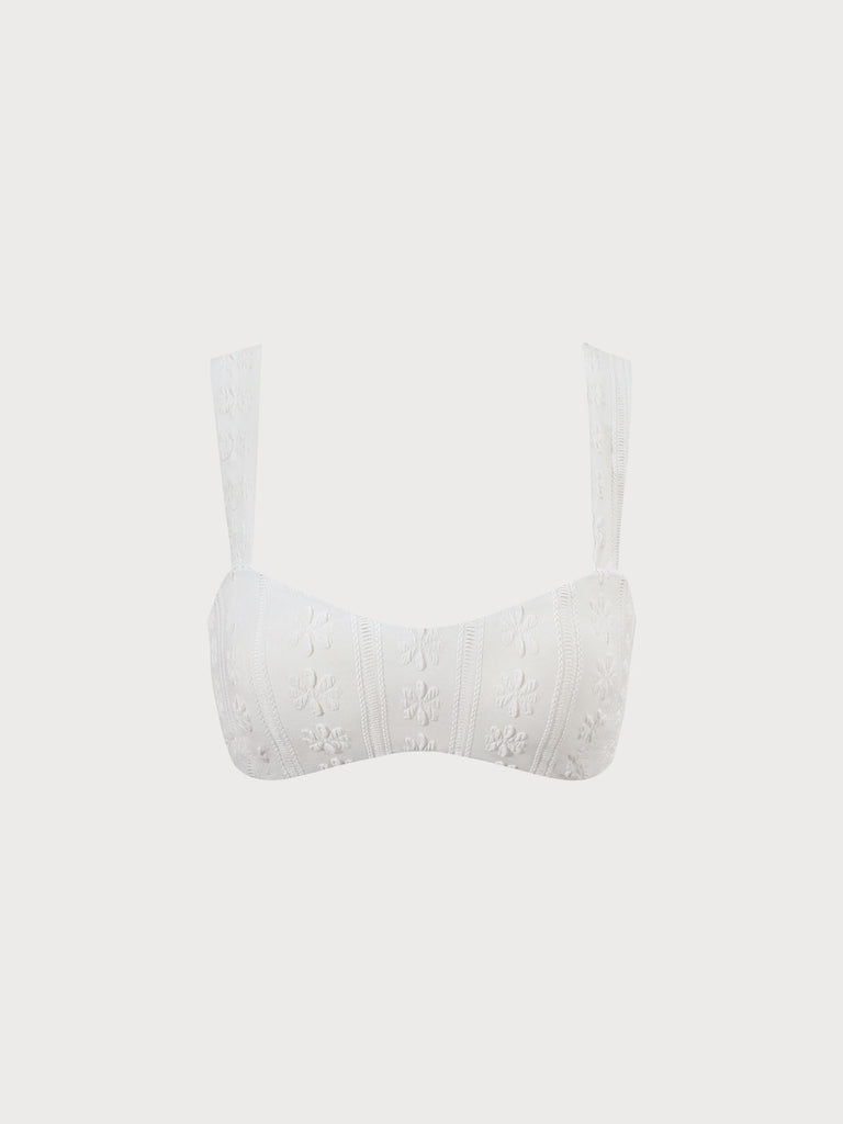 White Floral Jacquard Knot Back Bikini Top White Sustainable Bikinis - BERLOOK