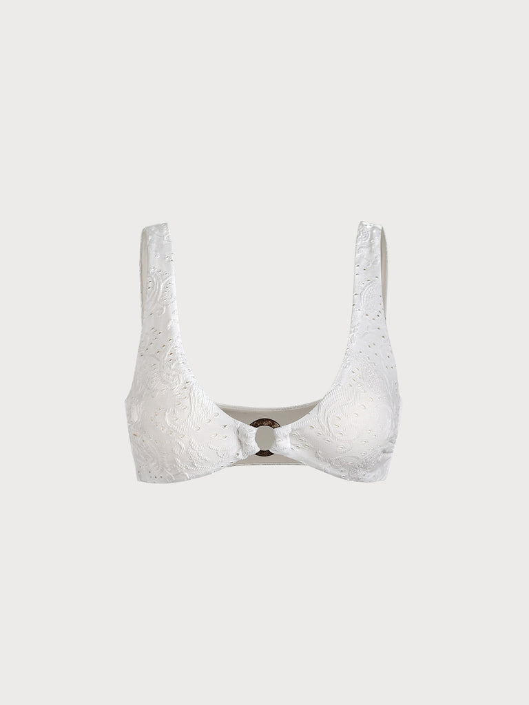 White Textured O-Ring Bralette Bikini Top White Sustainable Bikinis - BERLOOK