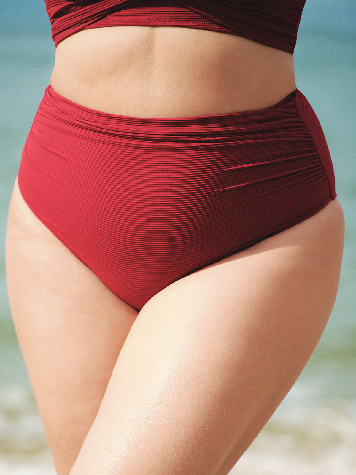 Women Knitted Nylon Bikini Bottoms Wine Red Sustainable Plus Size Bikinis - BERLOOK