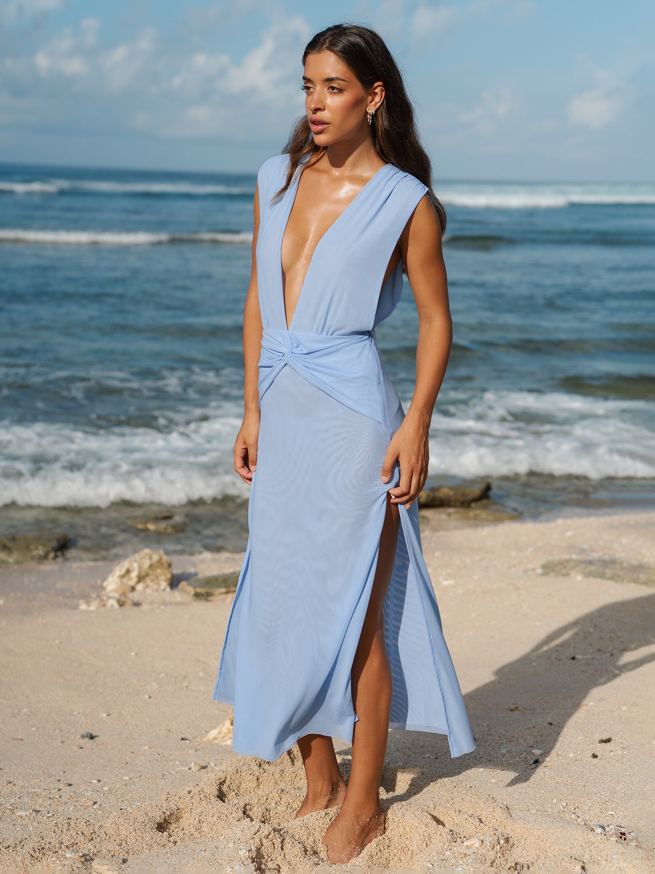 mesh beach dress Berlook Mesh Knot-Front Plunge High-Slit Maxi Beach Dress, Blue / S