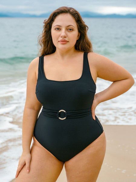 Black U-shape Plus Size One-Piece Swimsuit & Reviews - Black