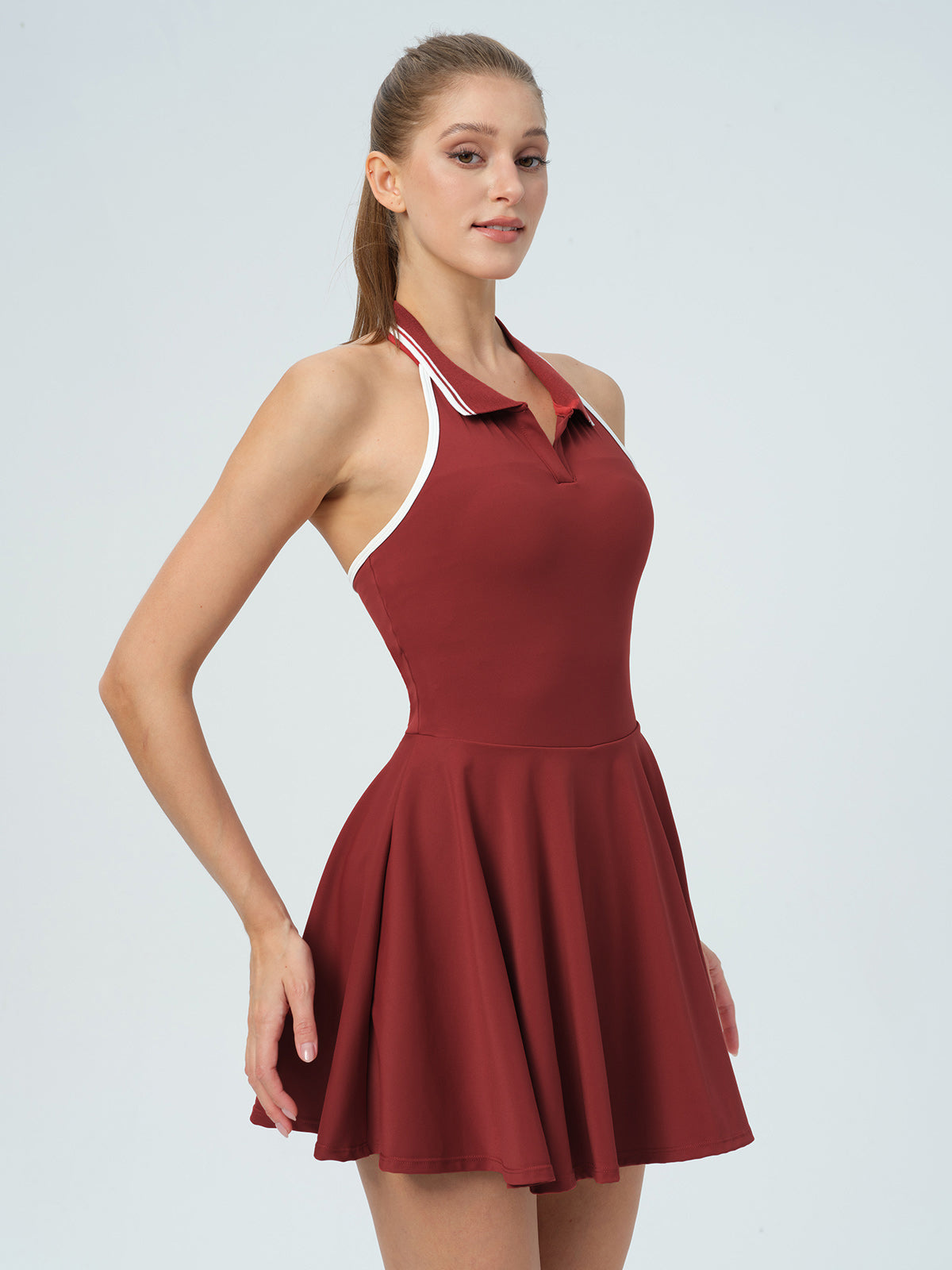 red sports dress Dark Red Collar Backless Tennis Dress - Light Support & Reviews - Dark Red - Sustainable Yoga Dresses&Yoga Jumpsuit