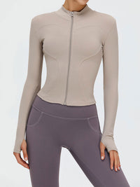 Women Knitted Nylon Yoga Jackets Khaki Sustainable Yoga Tops - BERLOOK
