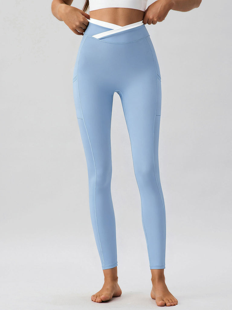 Women Knitted Nylon Yoga Leggings Light Blue Sustainable Yoga Bottoms - BERLOOK