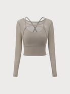 Women Knitted Nylon Yoga Long Sleeve Tops Khaki Sustainable Yoga Tops - BERLOOK