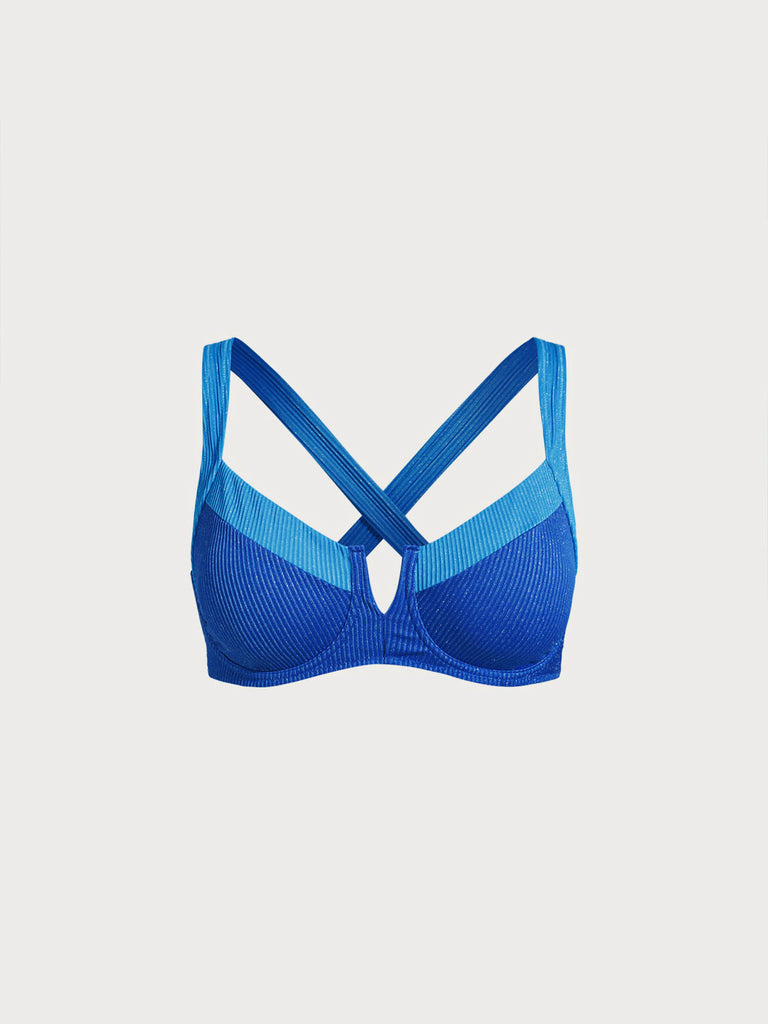 Women Knitted Polyester Blended Bikini Tops Blue Sustainable Plus Size Bikinis - BERLOOK