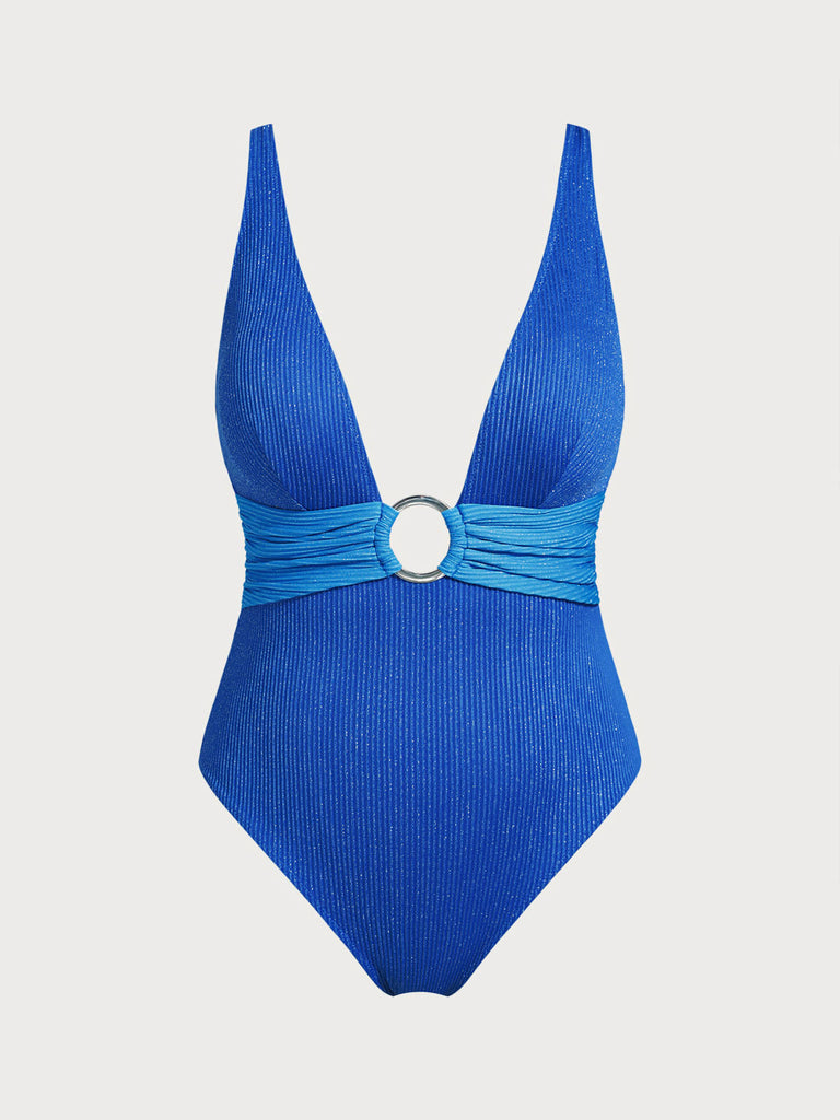 Women Knitted Polyester Blended One Pieces Swimwear Blue Sustainable Plus Size One-Pieces - BERLOOK