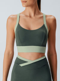 Women'S Knitted Nylon Contrast Color Yoga Sports Bra Dark Green Sustainable Yoga Tops - BERLOOK