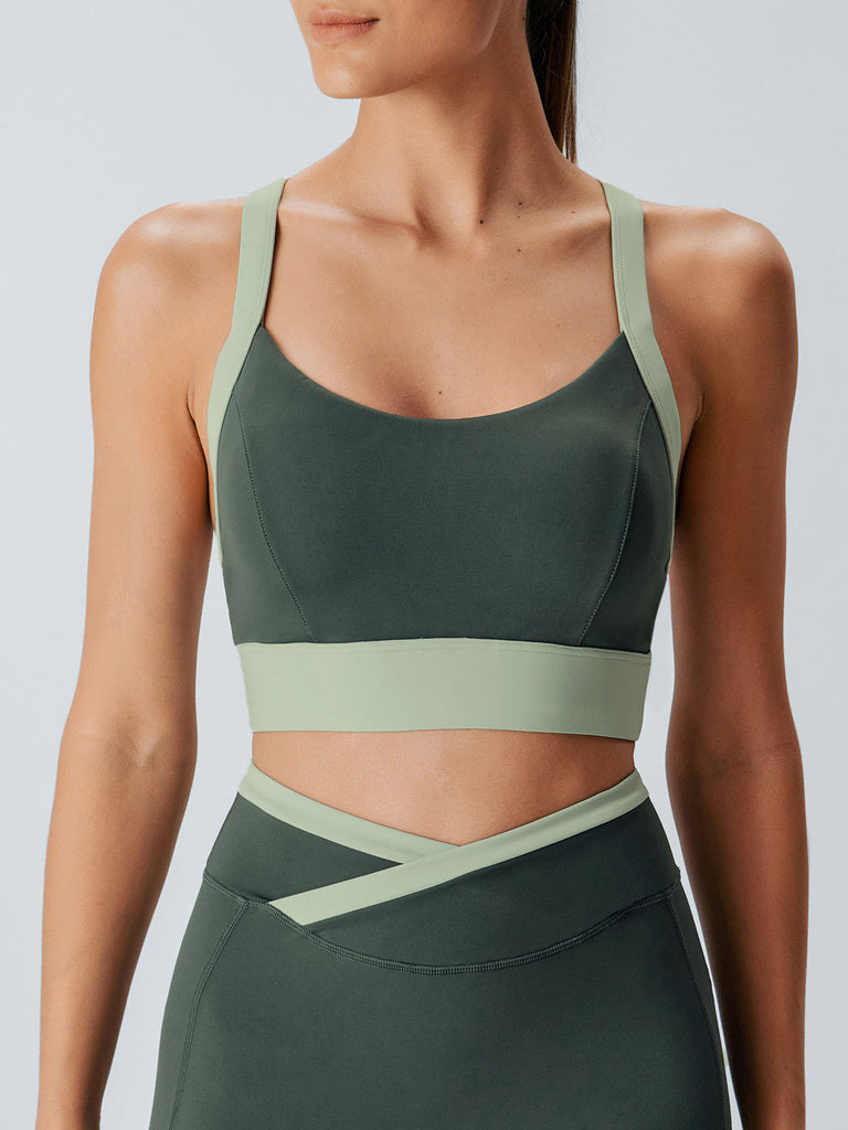 Women'S Knitted Nylon Contrast Color Yoga Sports Bra Dark Green Sustainable Yoga Tops - BERLOOK