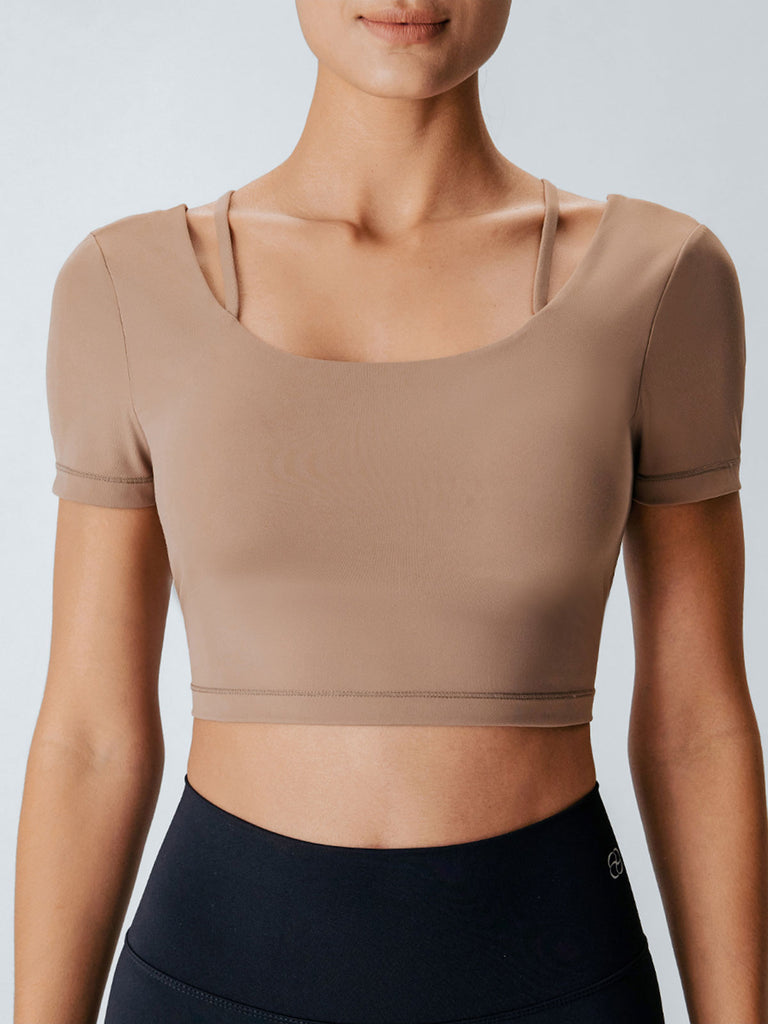 Women'S Knitted Nylon Yoga Short Sleeve Tops Brown Sustainable Yoga Tops - BERLOOK
