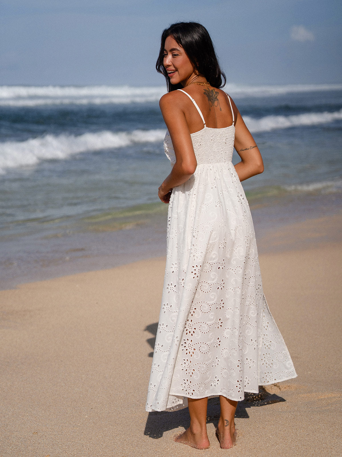 Berlook Hollow Out Cotton Beach Dress for Women - Eyelet Cutout Back with Spaghetti Straps, White / S Berlook Hollow Out Cotton Beach Dress for Women - Eyelet Cutout Back with Spaghetti Straps, White / S