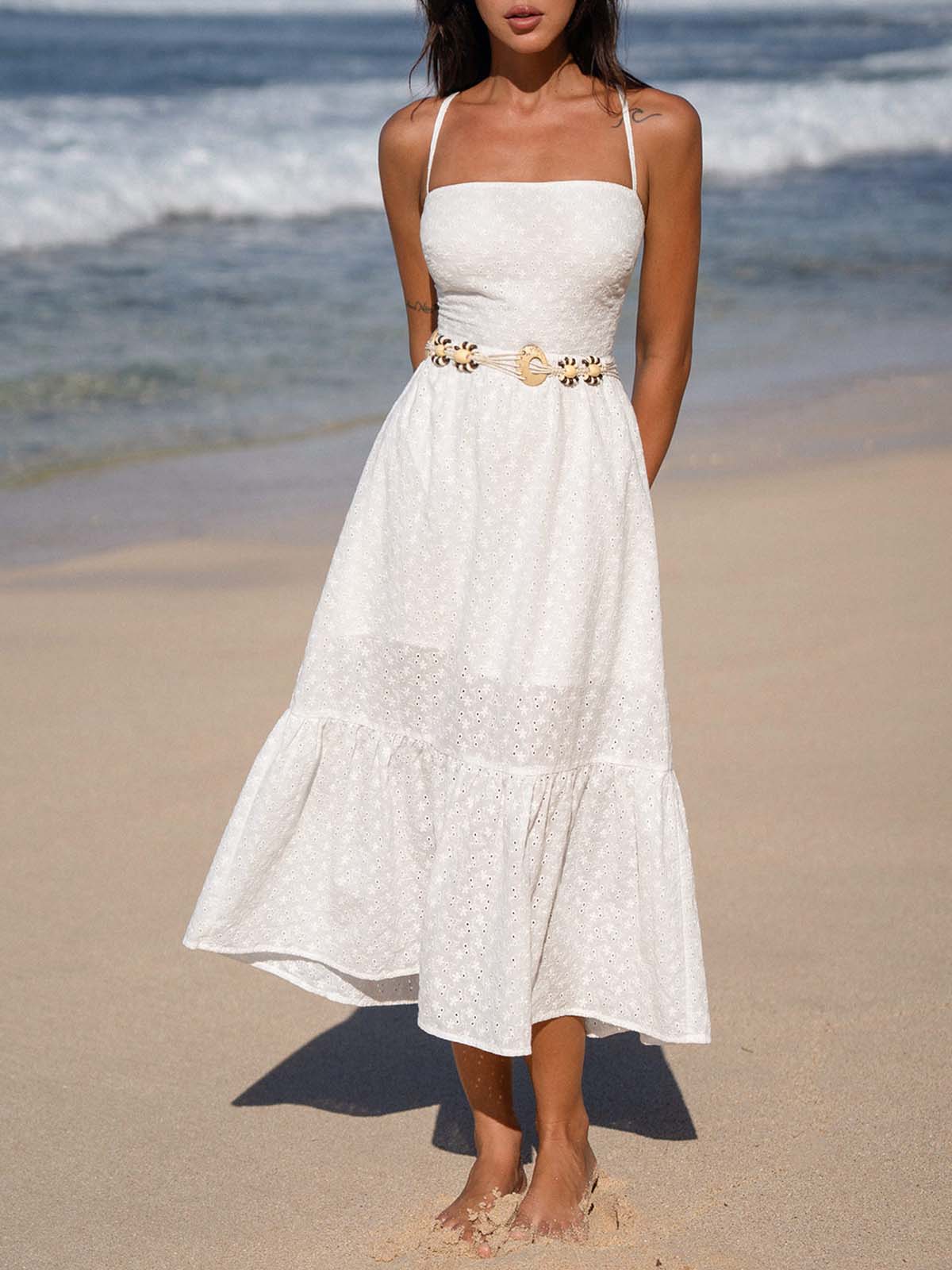Berlook Women's Spaghetti Strap Midi Dress Lace Trim Crisscross Tie, White / L Berlook Women's Spaghetti Strap Midi Dress Lace Trim Crisscross Tie, White / L