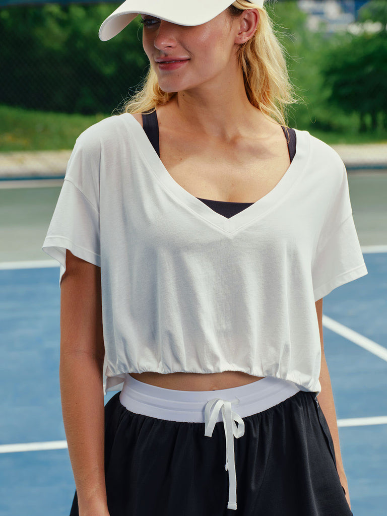 Women's Knitted Cotton Short Sleeved Top Off White Sustainable Yoga Tops - BERLOOK