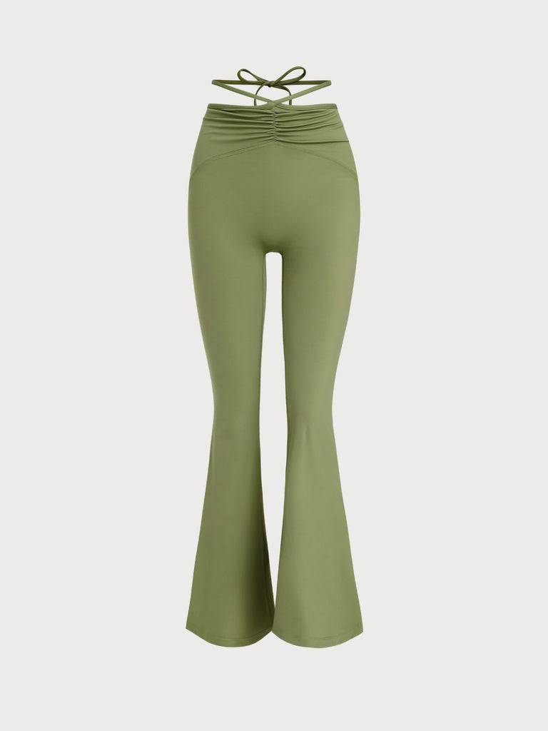 Women's Knitted Nylon Flare Yoga Leggings Grey Green Sustainable Yoga Bottoms - BERLOOK