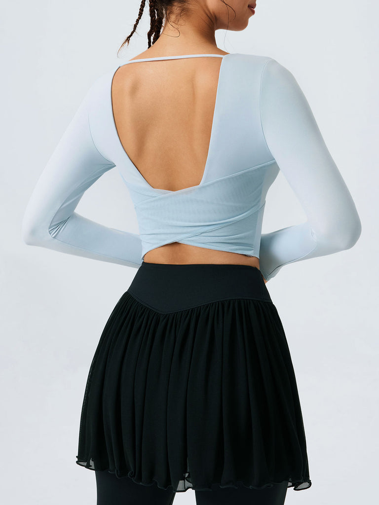 Women's Knitted Nylon Long-Sleeved Top Light Blue Sustainable Yoga Tops - BERLOOK