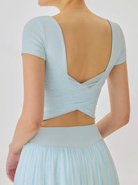 Women's Knitted Nylon Short-Sleeve Top Blue Sustainable Yoga Tops - BERLOOK