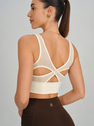 Women's Knitted Nylon Sports Bra Beige Sustainable Yoga Tops - BERLOOK
