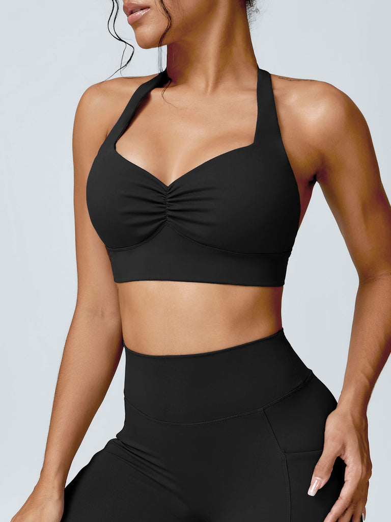 Women's Knitted Nylon Sports Bra Black Sustainable Yoga Tops - BERLOOK