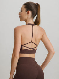 Women's Knitted Nylon Sports Bra Brown Sustainable Yoga Tops - BERLOOK