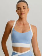 Women's Knitted Nylon Sports Bra Light Blue Sustainable Yoga Tops - BERLOOK