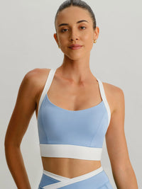 Women's Knitted Nylon Sports Bra Light Blue Sustainable Yoga Tops - BERLOOK