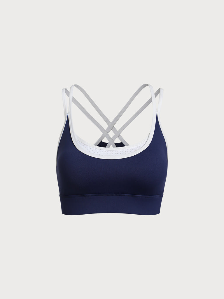 Women's Knitted Nylon Sports Bra Navy Sustainable Yoga Tops - BERLOOK