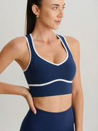 Women's Knitted Nylon Sports Bra Navy Sustainable Yoga Tops - BERLOOK