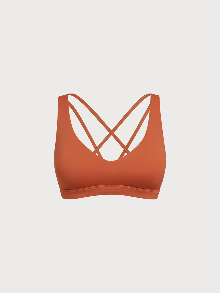 Women's Knitted Nylon Sports Bras Brick Red Sustainable Yoga Tops - BERLOOK