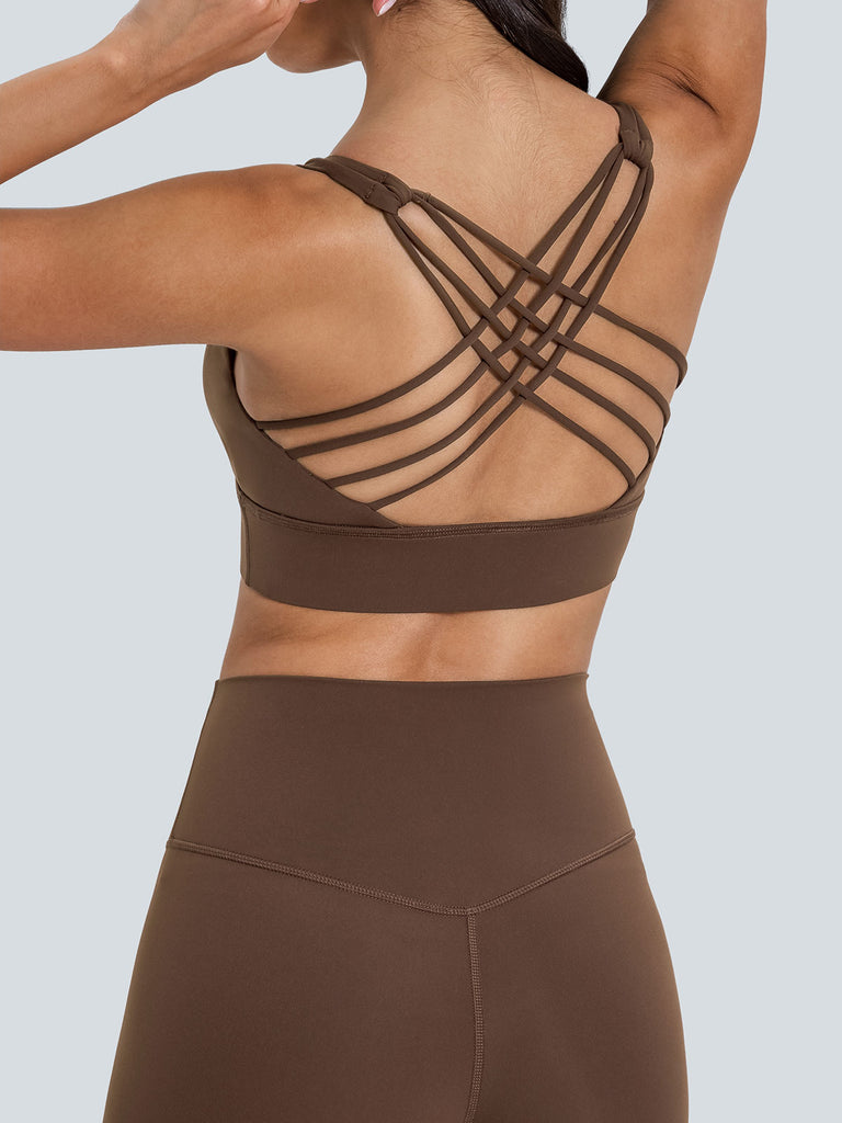 Women's Knitted Nylon Sports Bras Coffee Sustainable Yoga Tops - BERLOOK