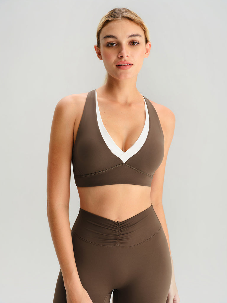Women's Knitted Nylon Sports Bras Coffee Sustainable Yoga Tops - BERLOOK