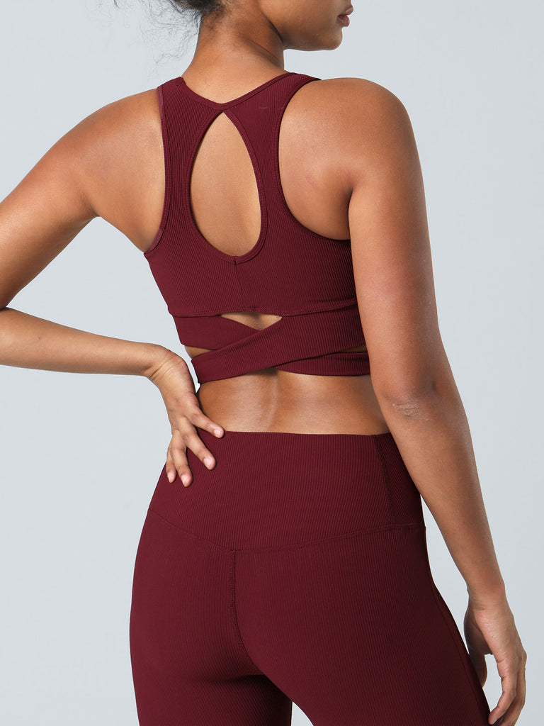 Women's Knitted Nylon Sports Bras Dark Red Sustainable Yoga Tops - BERLOOK