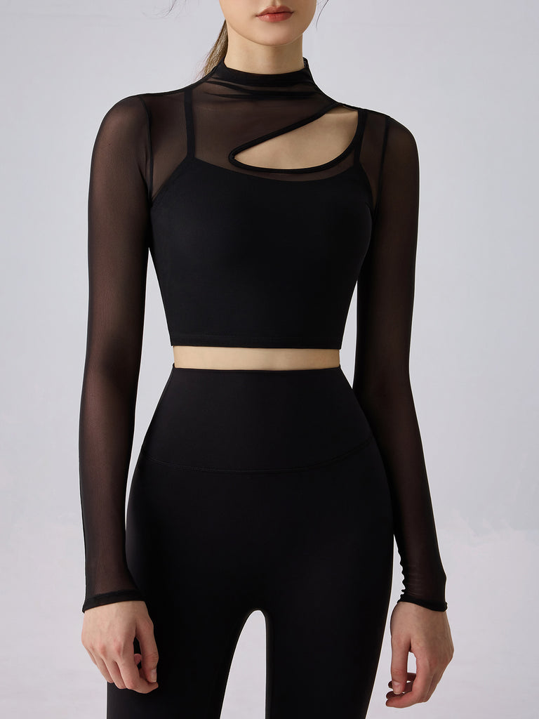 Women's Knitted Nylon Yoga Long Sleeve Top Black Sustainable Yoga Tops - BERLOOK