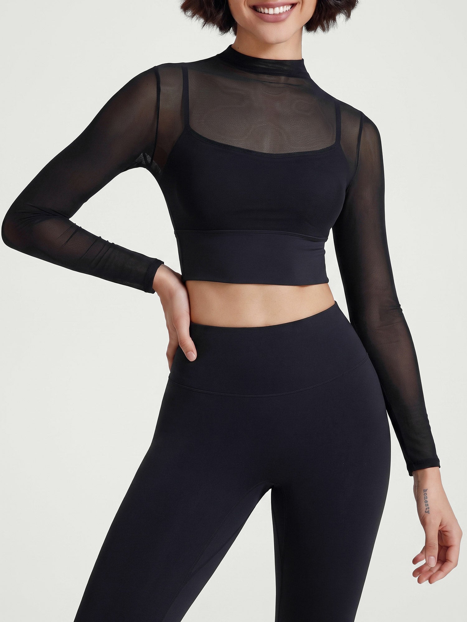 Women's Knitted Nylon Yoga Long Sleeve Top Black Sustainable - BERLOOK
