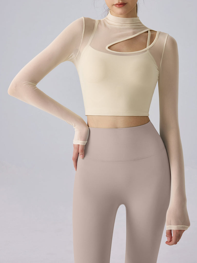 Women's Knitted Nylon Yoga Long Sleeve Top Cream Sustainable Yoga Tops - BERLOOK