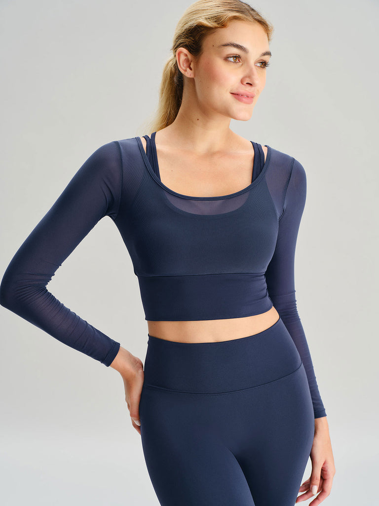 Women's Knitted Nylon Yoga Long Sleeve Top Navy Sustainable Yoga Tops - BERLOOK