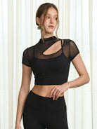 Women's Knitted Nylon Yoga Short Sleeve Tops Black Sustainable Yoga Tops - BERLOOK