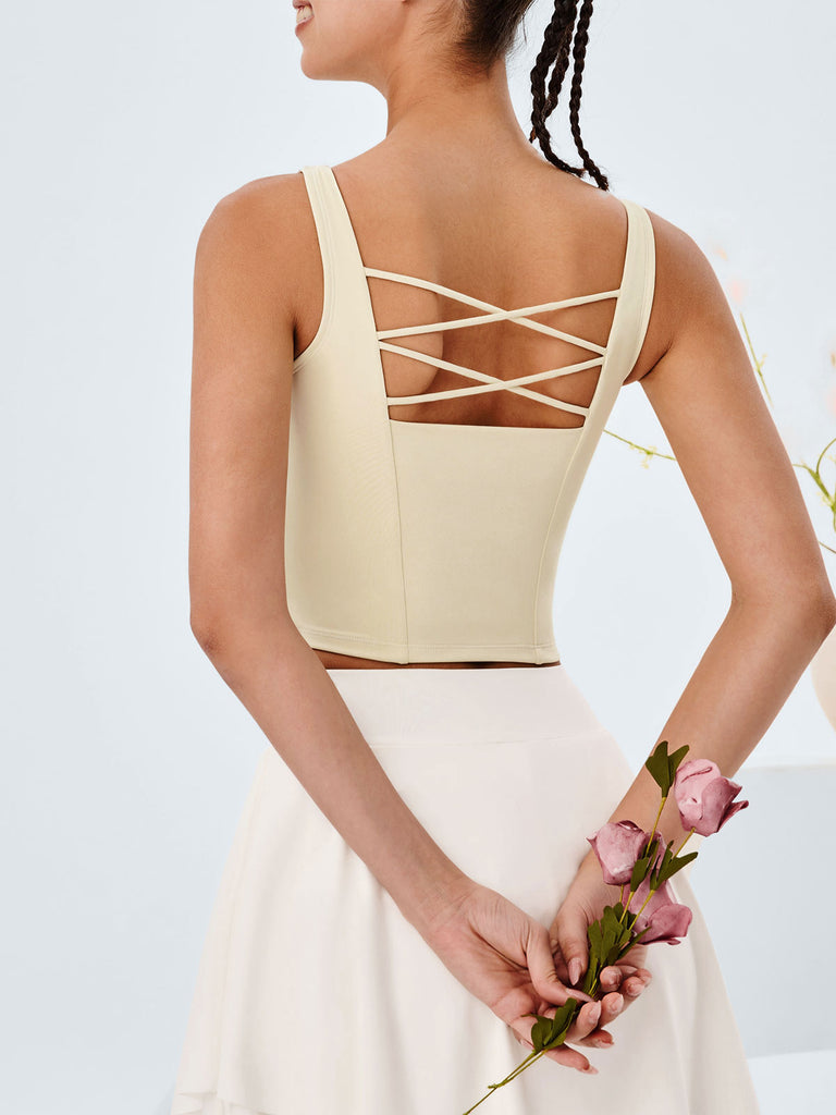 Women's Knitted Nylon Yoga Tank Tops Cream Sustainable Yoga Tops - BERLOOK