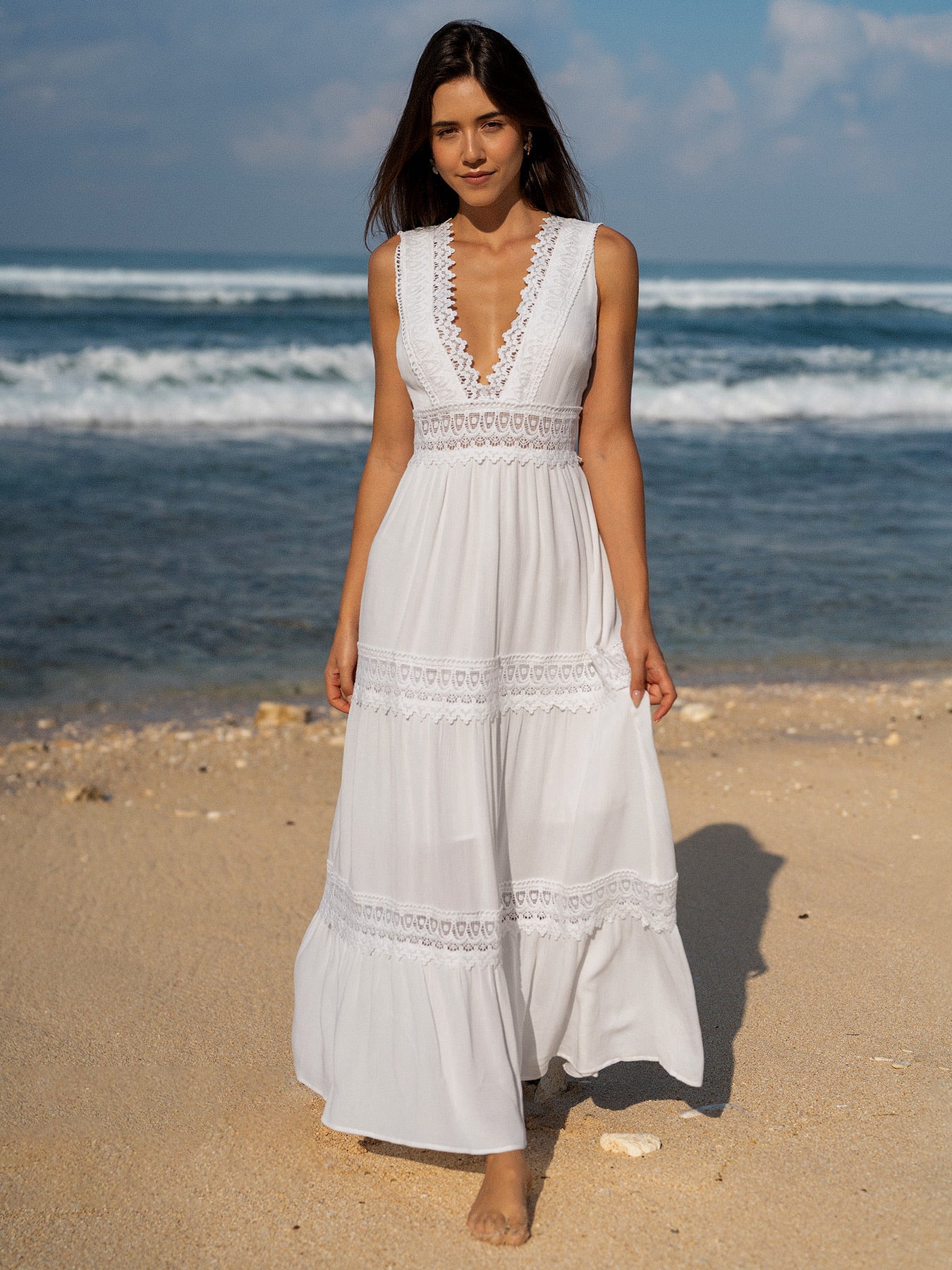 Women's Knitted Polyester Beach Dress White Sustainable Beach Dress - BERLOOK