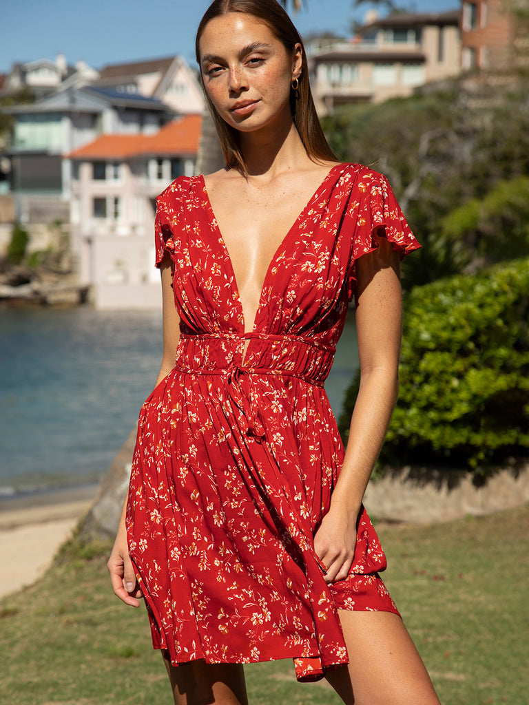 Women's Woven Cotton Cover-ups Red Sustainable Beach Dress - BERLOOK