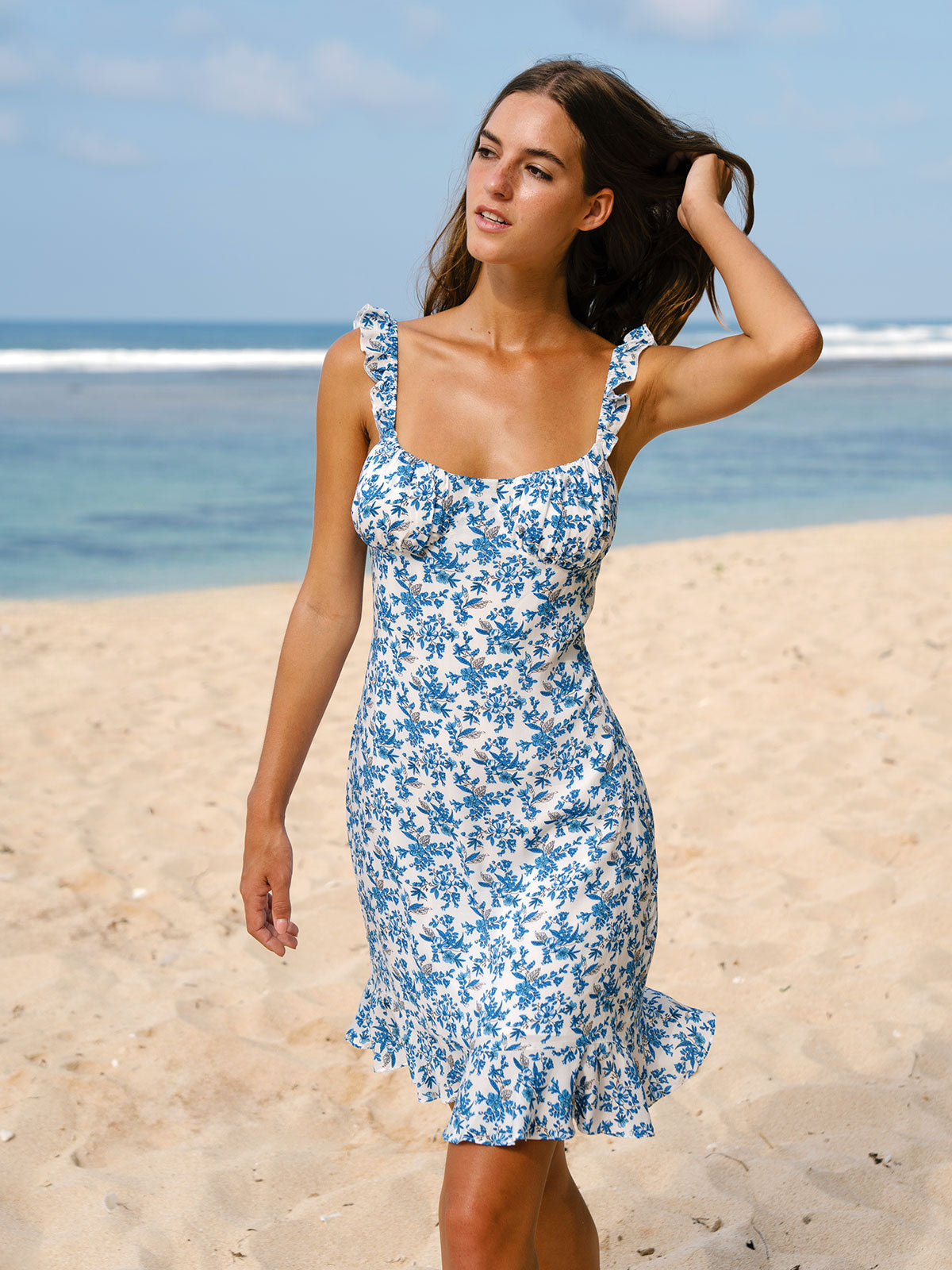 Blue Floral Ruffled Beach Dress & Reviews - Blue