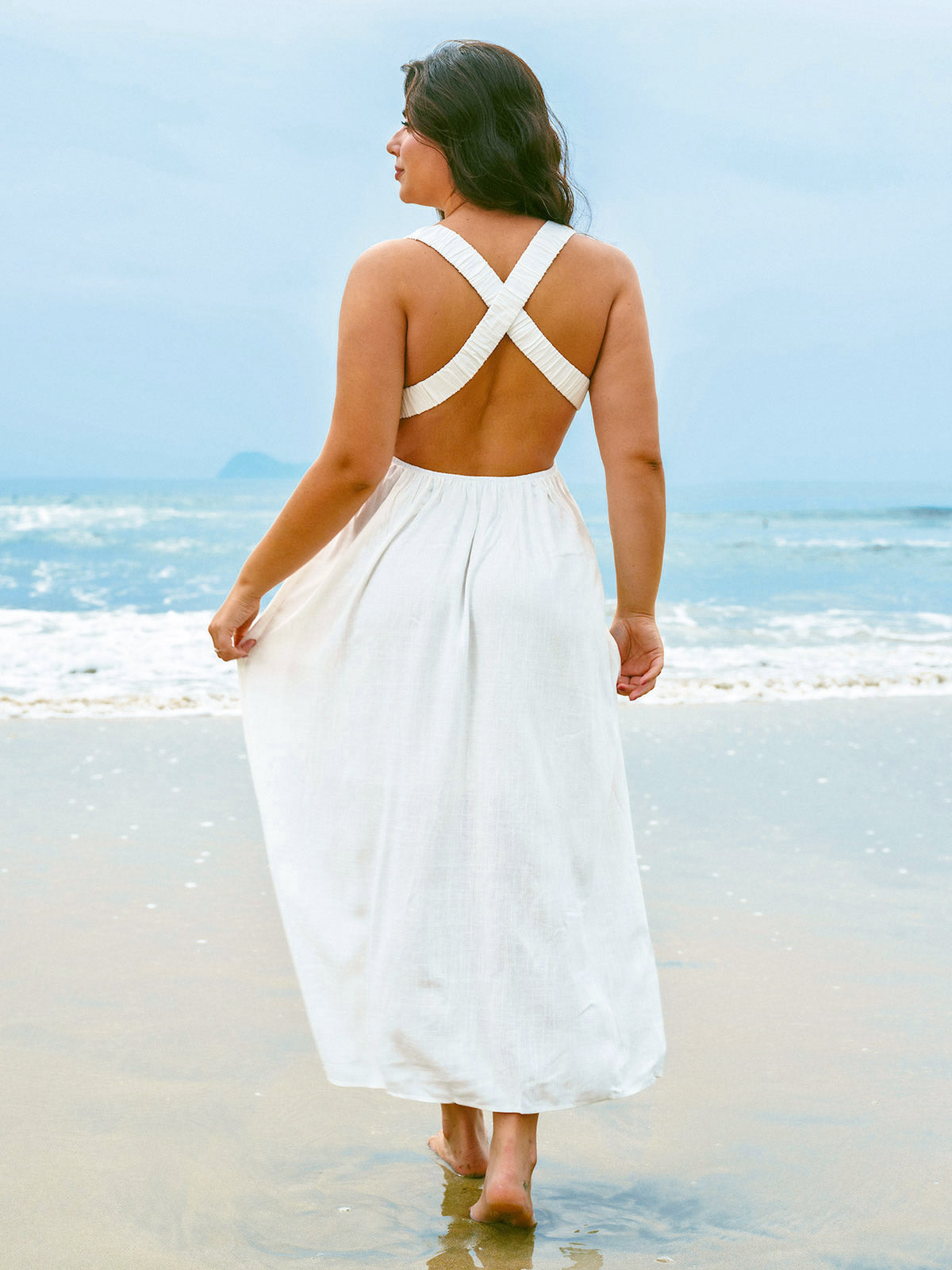 White V Neck Plaeted Beach Dress & Reviews - White