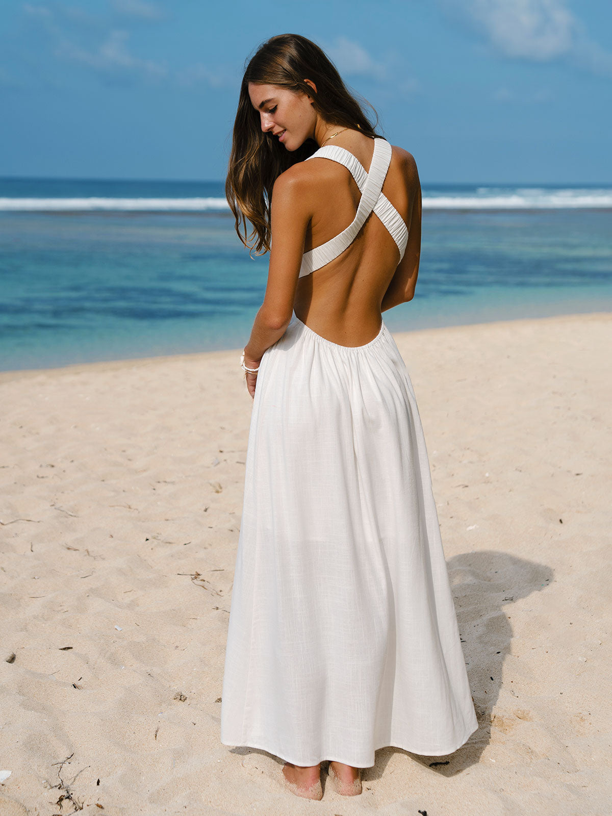 White V Neck Plaeted Beach Dress & Reviews - White