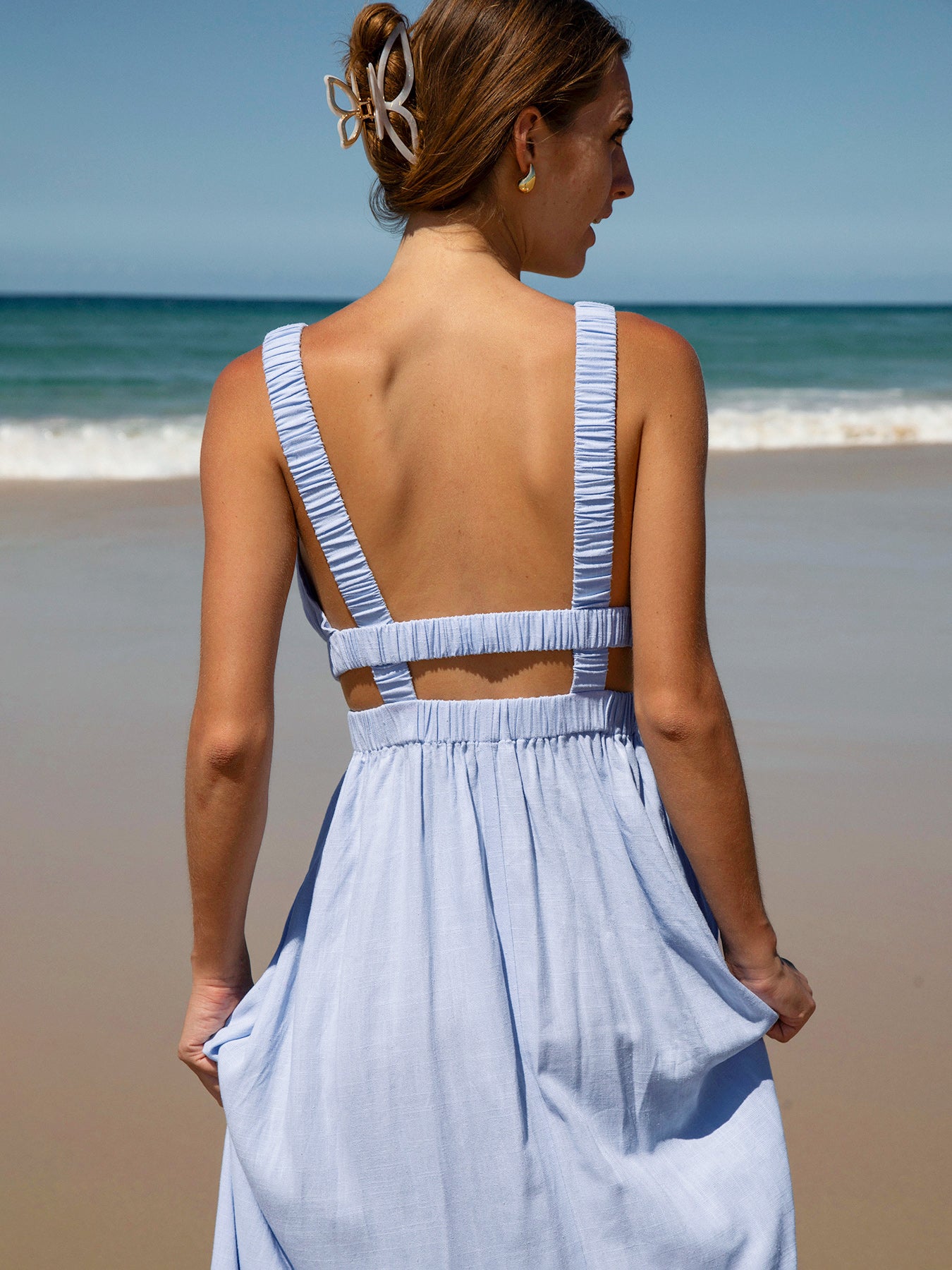 Pale Blue Smocked Strap Cutout Waist Beach Dress & Reviews